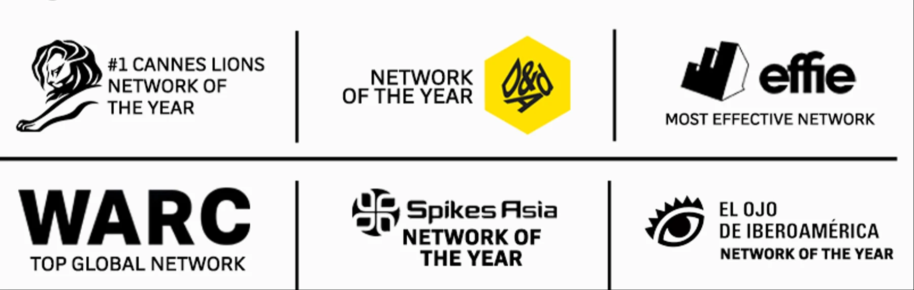 DDB — #1 Cannes Lions Network of the Year, D&AD Network of the Year, Effie Most Effective Network, WARC Top Global Network, Spikes Asia Network of the Year, El Ojo Network of the Year